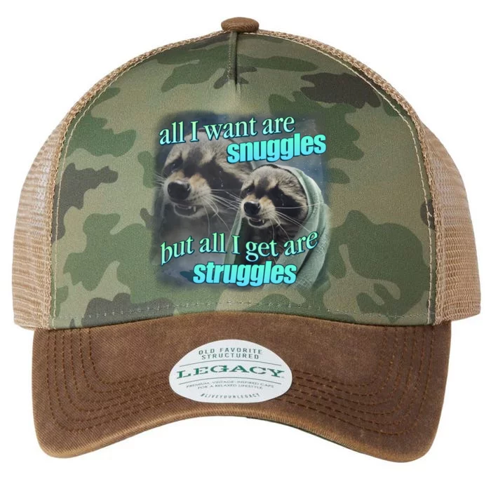 All I Want Are Snuggles But All I Get Are Struggles Raccoon Word Art Meme Legacy Tie Dye Trucker Hat