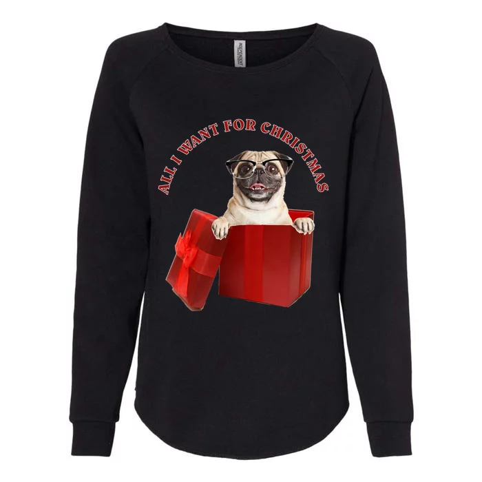 All I Want For Christmas Pug W Glasses Gift Womens California Wash Sweatshirt