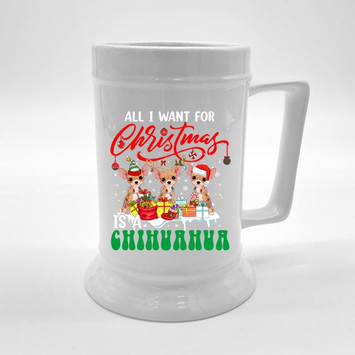 All I Want For Xmas Is A Chihuahua Three Santa Reindeer Dogs Gift Front & Back Beer Stein