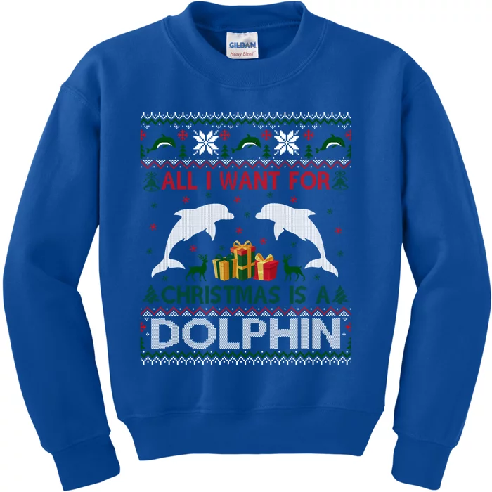 Ugly Christmas Sweater Dolphin Youth Long Sleeve T Shirt Blue