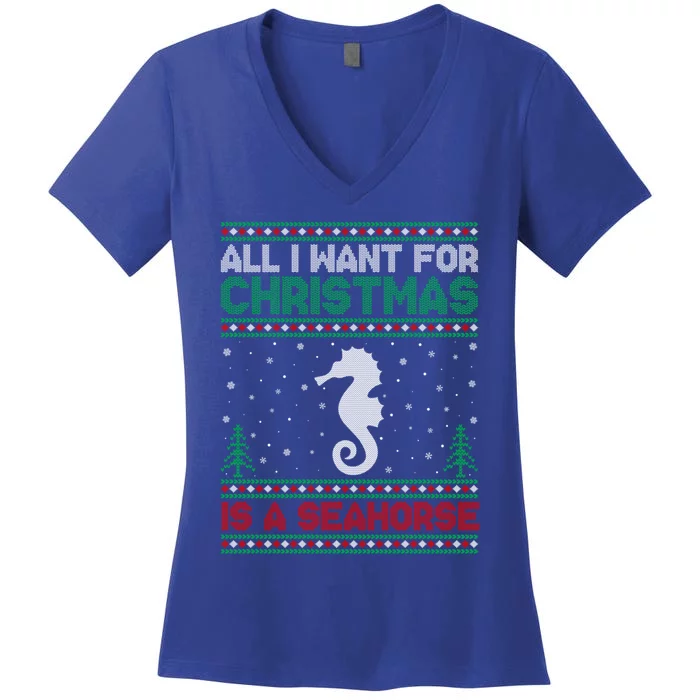 All I Want For Xmas Is A Seahorse Ugly Christmas Sweater Gift Women's V-Neck T-Shirt