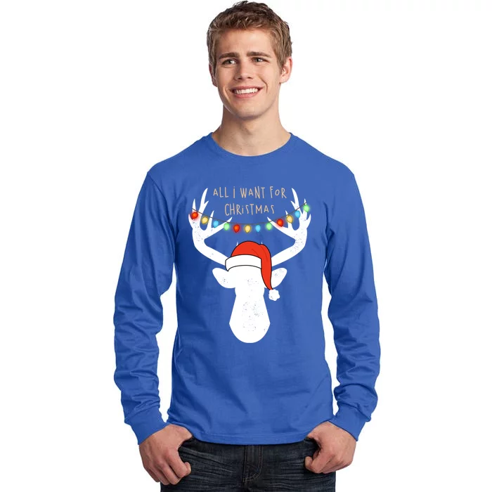 All I Want For Christmas Deer With Santa Hat Hunting Gift Tall Long Sleeve T-Shirt