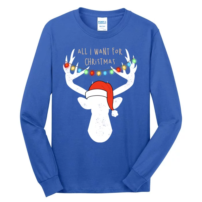 All I Want For Christmas Deer With Santa Hat Hunting Gift Tall Long Sleeve T-Shirt