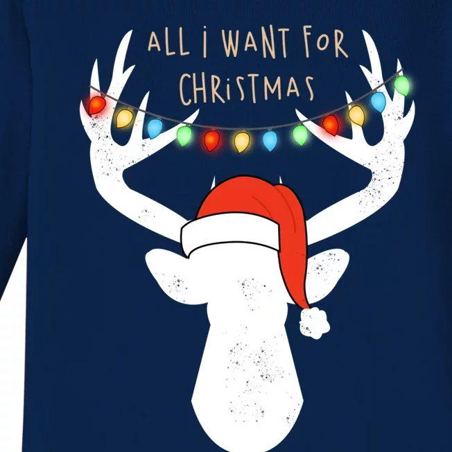 All I Want For Christmas Deer With Santa Hat Hunting Gift Baby Long Sleeve Bodysuit