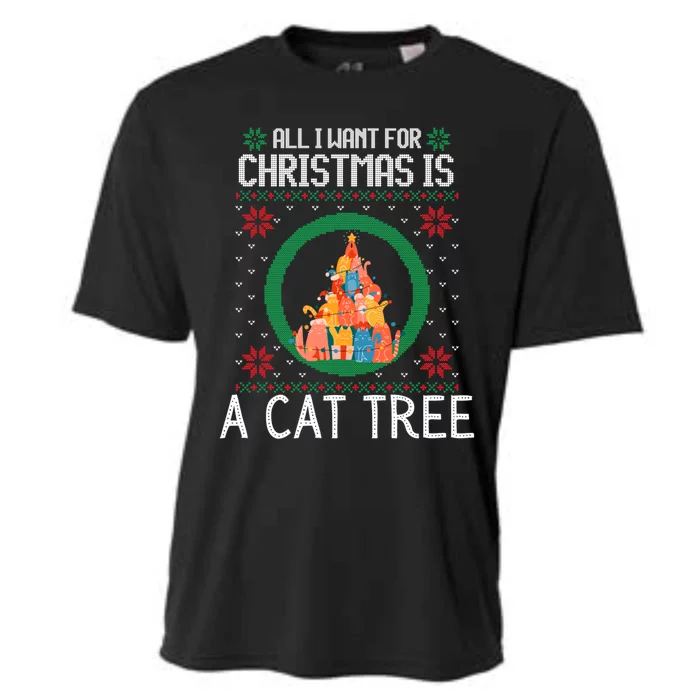 All I Want For Christmas Is A Cat Tree Ugly Xmas Sweater Fun Gift Cooling Performance Crew T-Shirt