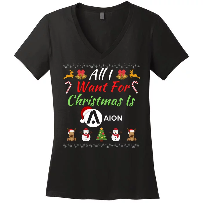 All I Want For Christmas Is AION, HODL AION, Crypto AION Logo Women's V-Neck T-Shirt