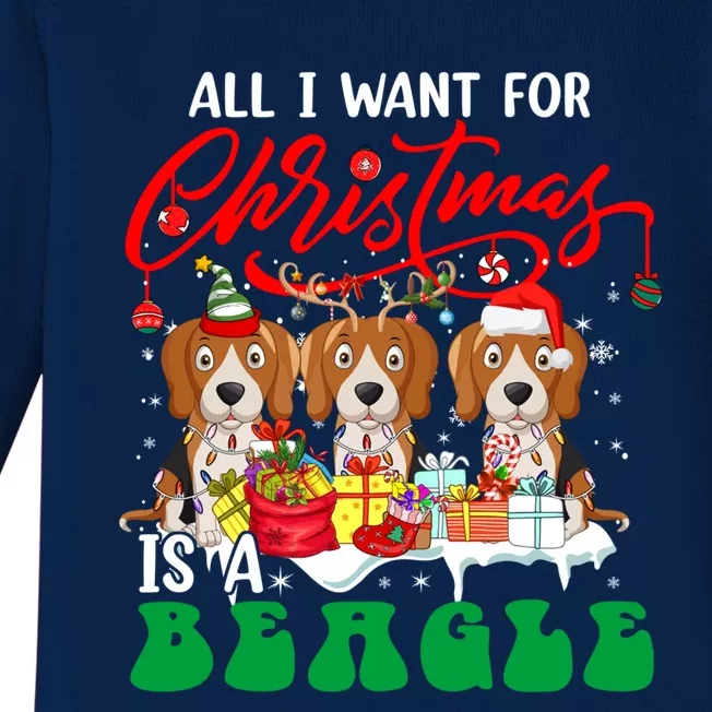 All I Want For Xmas Is A Beagle Three Santa Reindeer Dogs Gift Baby Long Sleeve Bodysuit