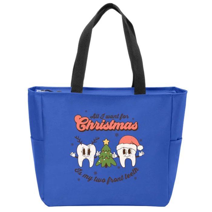 All I Want For Christmas Is My Two Front Teeth Xmas Tree Funny Gift Zip Tote Bag