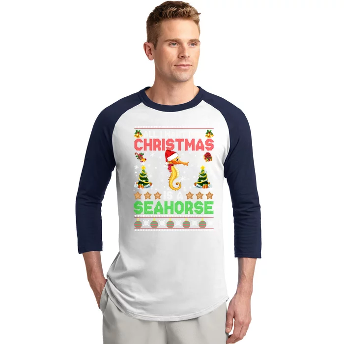 All I Want For Christmas Is A Seahorse Ugly Sweater Farmer Gift Baseball Sleeve Shirt