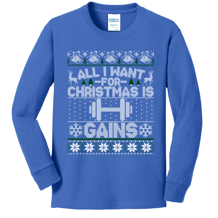 All I Want For Christmas Is Gain Fitness Ugly Sweater Funny Gift Kids Long Sleeve Shirt