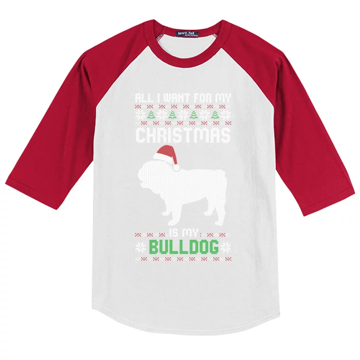 All I Want For My Christmas Bulldog Dog Ugly Xmas Pajama Gift Kids Colorblock Raglan Jersey