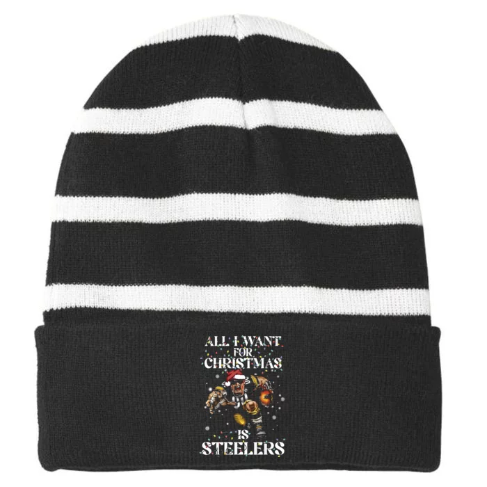 All I Want For Christmas Is Steelers Striped Beanie with Solid Band