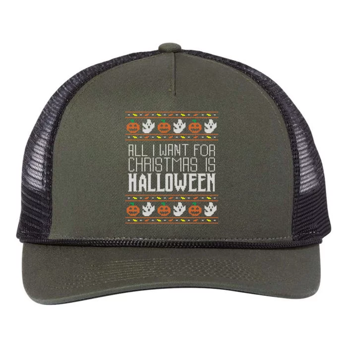 All I Want For Christmas Is Halloween Ugly Sweater Holiday Retro Rope Trucker Hat Cap