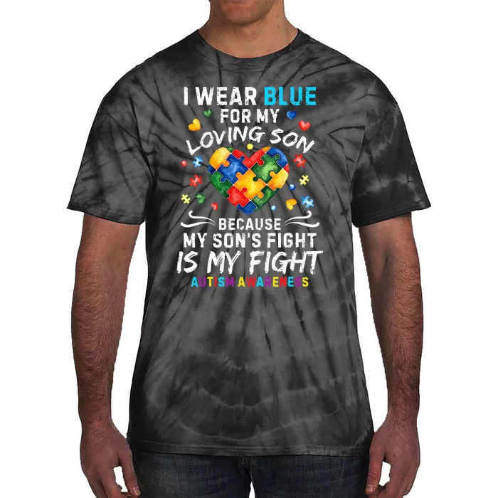 april I Wear Blue For My Son Puzzle Pieces autism Tie-Dye T-Shirt