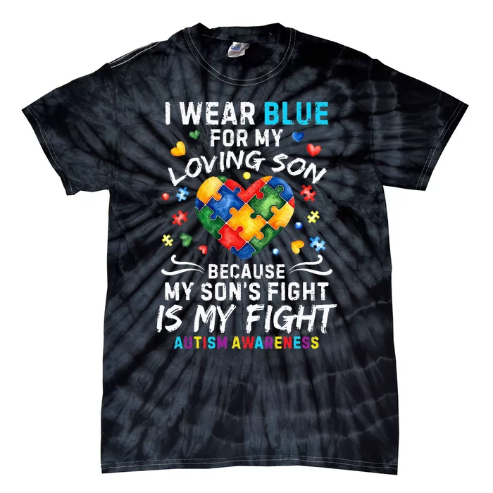 april I Wear Blue For My Son Puzzle Pieces autism Tie-Dye T-Shirt