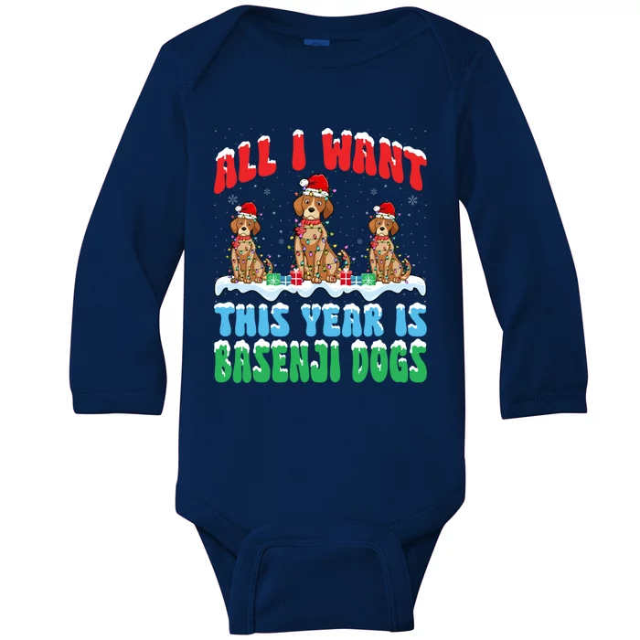 All I Want This Year Is Basenji Dog Wearing Christmas Hat Gift Baby Long Sleeve Bodysuit