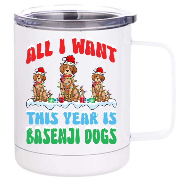 All I Want This Year Is Basenji Dog Wearing Christmas Hat Gift Front & Back 12oz Stainless Steel Tumbler Cup