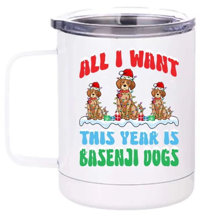 All I Want This Year Is Basenji Dog Wearing Christmas Hat Gift Front & Back 12oz Stainless Steel Tumbler Cup