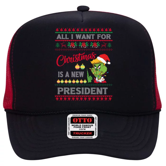 All I Want For Christmas Is A New President Funny Trump Xmas Cute Gift High Crown Mesh Trucker Hat