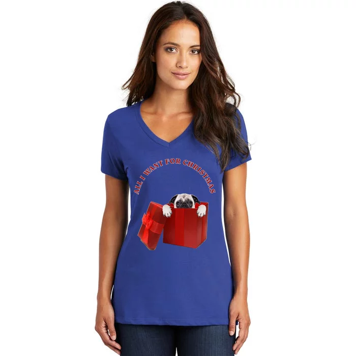 All I Want For Christmas Pug Gift Women's V-Neck T-Shirt