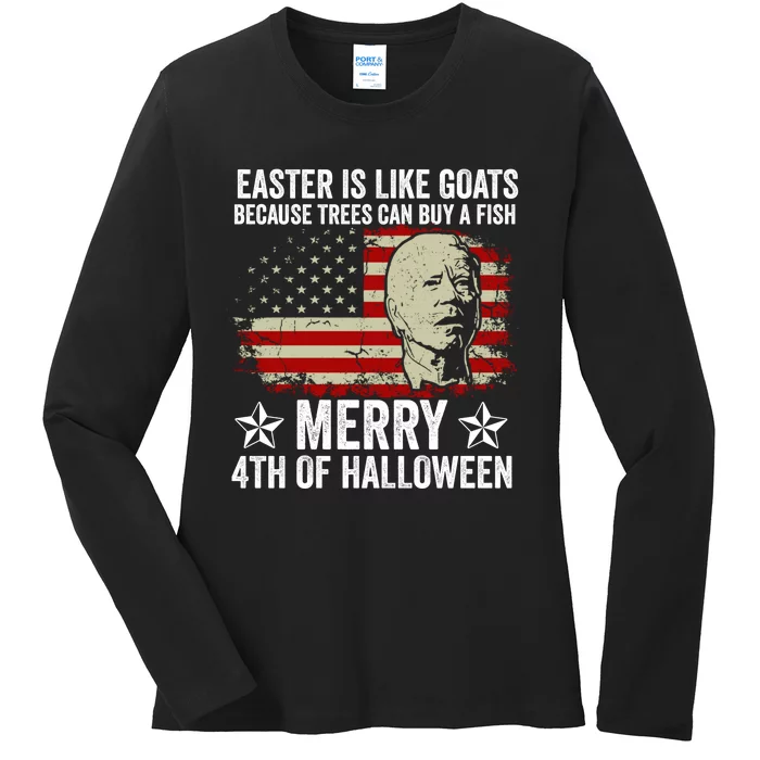 Anti Joe Biden Merry 4th Of Halloween 4th Of July Ladies Long Sleeve Shirt