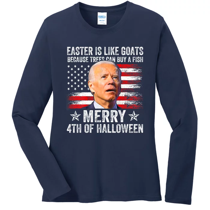 Anti Joe Biden Merry 4th Of Halloween 4th Of July Ladies Long Sleeve Shirt