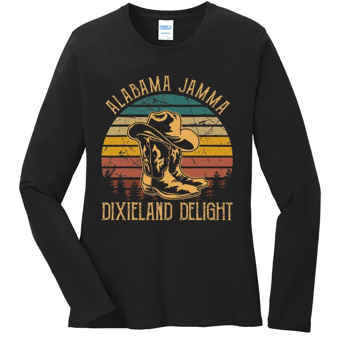 Alabama Jamma Dixieland Delight Graphic Cowboy Hat And Boots Ladies Long Sleeve Shirt