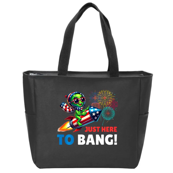 Alien Just Here To Bang Alien Riding A Rocket Fireworks Ufo Zip Tote Bag