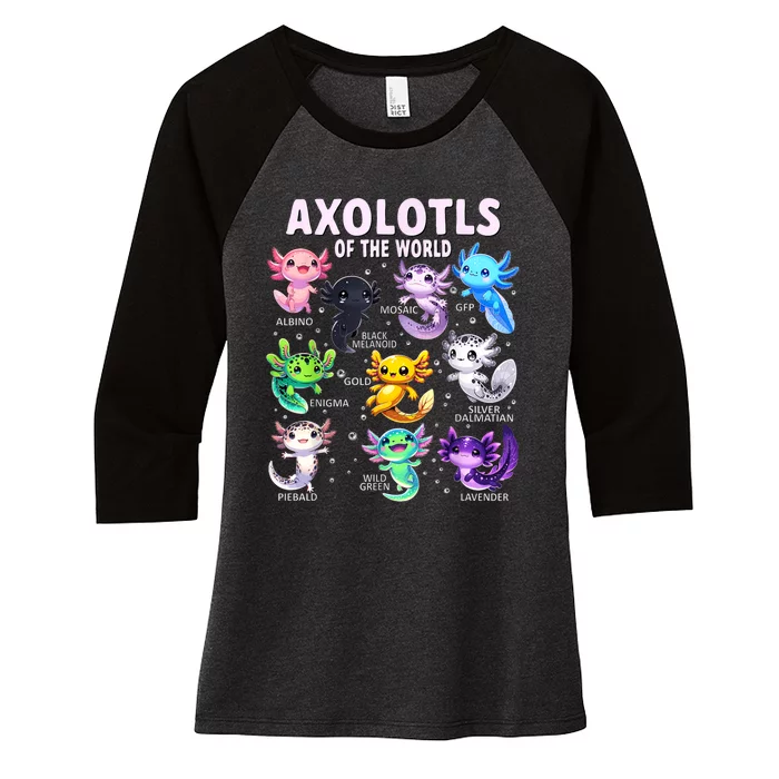 Axolotl Kawaii Axolotls Of The World Axolotl Animals Women's Tri-Blend 3/4-Sleeve Raglan Shirt