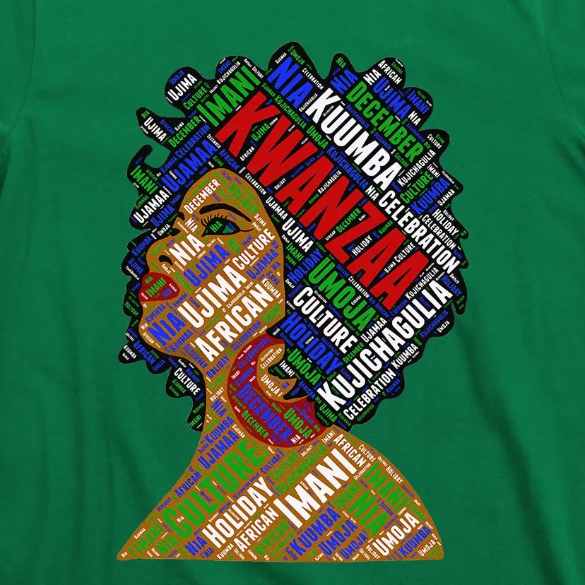 Artistic Kwanzaa Black Woman Afro 7 Principles Red & Green T-Shirt