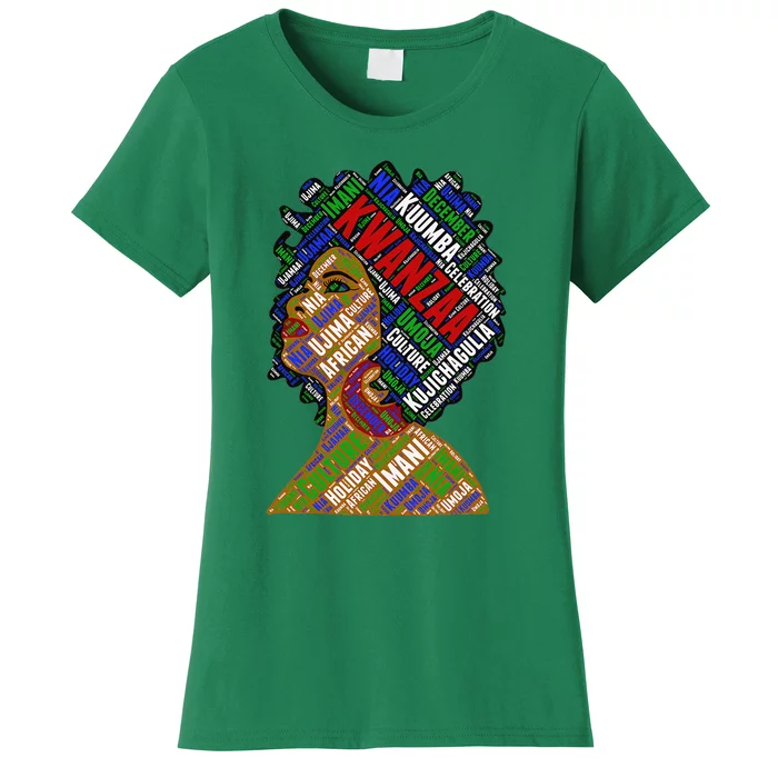 Artistic Kwanzaa Black Woman Afro 7 Principles Red & Green Women's T-Shirt