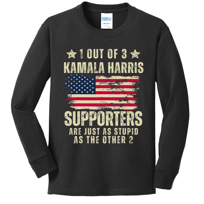 Anti Kamala Harris Stupid Joke American Flag Kamala Supporters Are Stupid Kids Long Sleeve Shirt