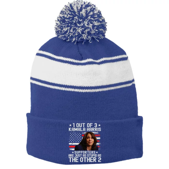 Anti Kamala Harris Stupid Joke American Flag Usa Humor Stripe Pom Pom Beanie