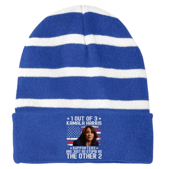 Anti Kamala Harris Stupid Joke American Flag Usa Humor Striped Beanie with Solid Band