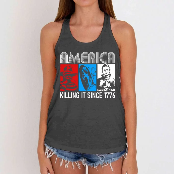 America Killing It Since 1776 Horror The Red White And Blue Women's Knotted Racerback Tank