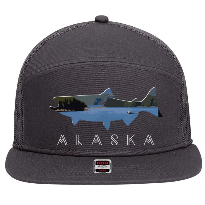 Alaskan King Salmon With Fishing Boat Saltwater Fishermen 7 Panel Mesh Trucker Snapback Hat