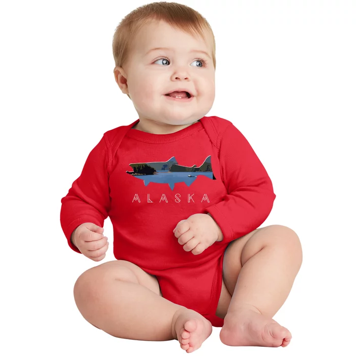 Alaskan King Salmon With Fishing Boat Saltwater Fishermen Baby Long Sleeve Bodysuit