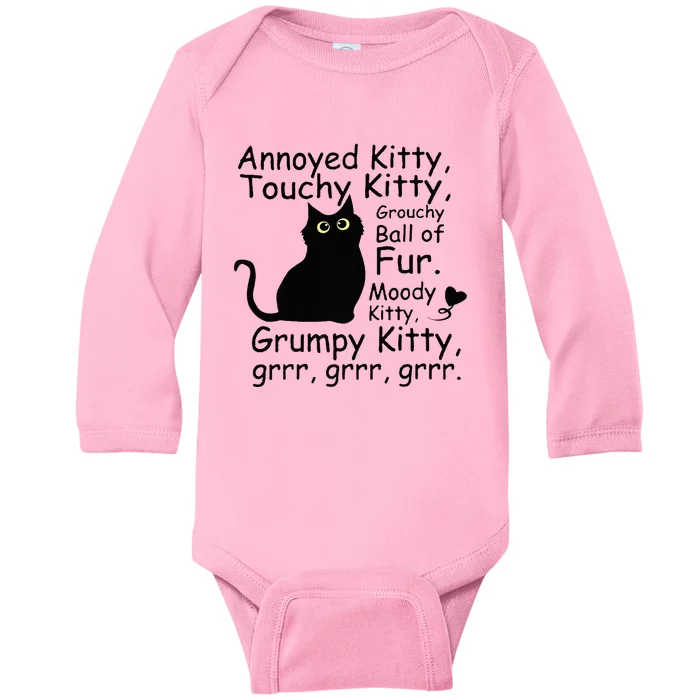 Annoyed Kitty Touchy Kitty Grouchy Ball Of Fur Black Cat Baby Long Sleeve Bodysuit