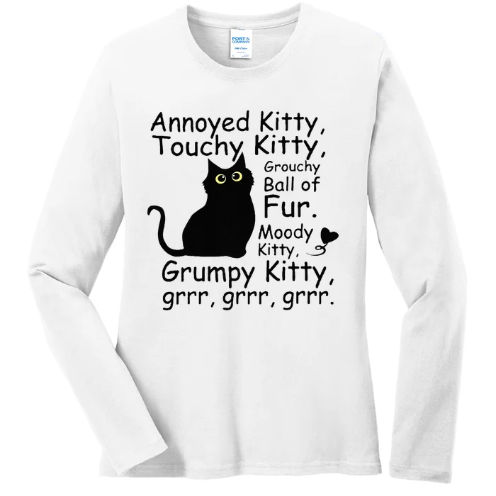 Annoyed Kitty Touchy Kitty Grouchy Ball Of Fur Black Cat Ladies Long Sleeve Shirt