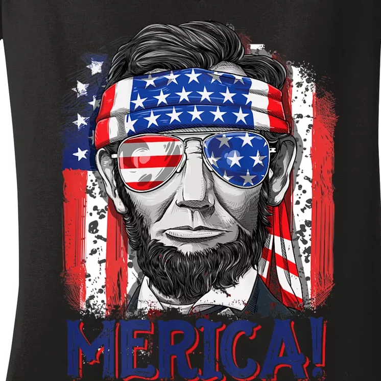 Abraham Lincoln 4th Of July Merica American Flag Women's V-Neck T-Shirt