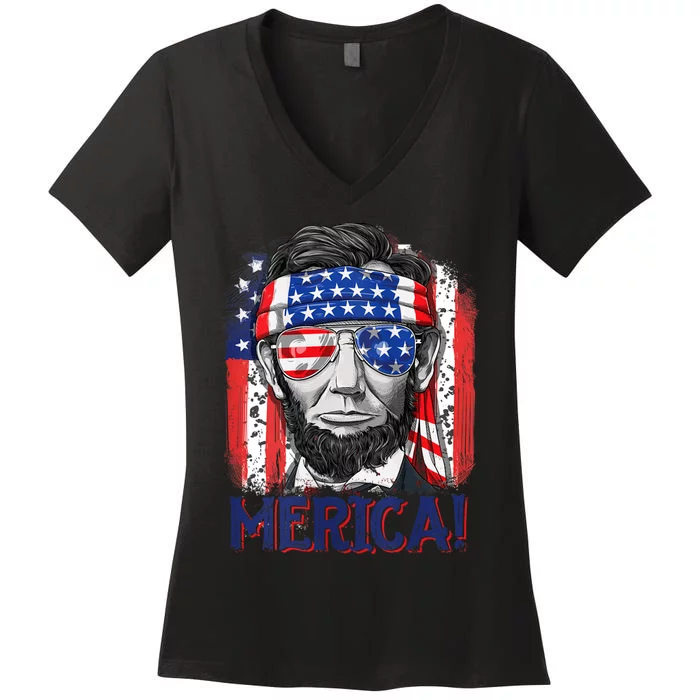 Abraham Lincoln 4th Of July Merica American Flag Women's V-Neck T-Shirt