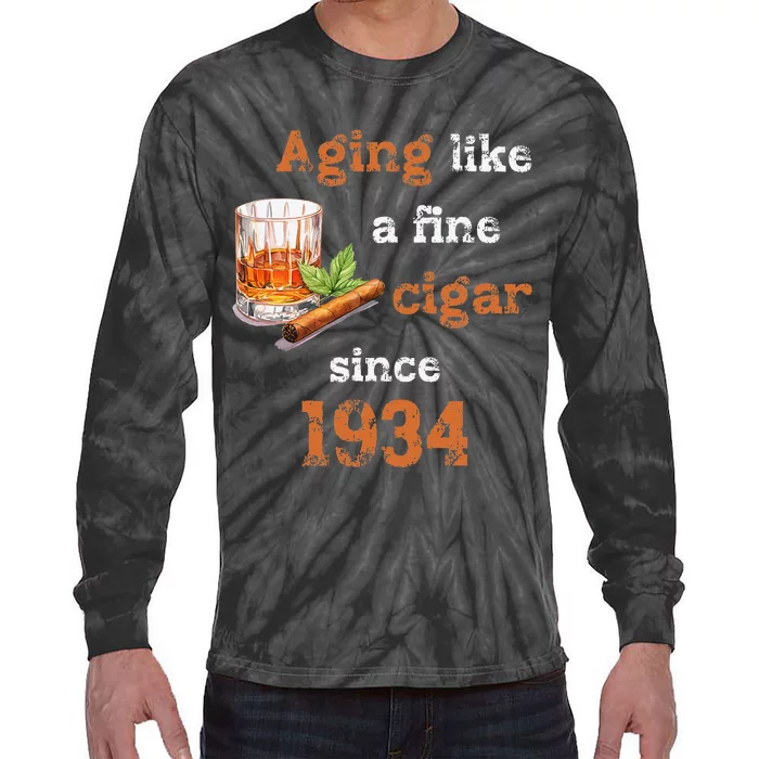 Aging Like A Fine Cigar Since 1934 Funny Fathers Day Tie-Dye Long Sleeve Shirt