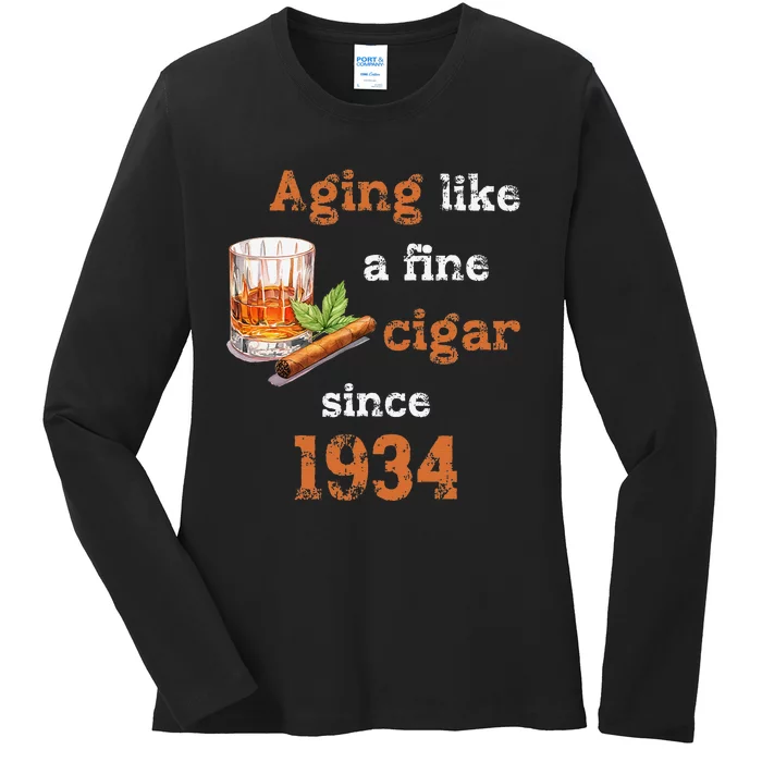 Aging Like A Fine Cigar Since 1934 Funny Fathers Day Ladies Long Sleeve Shirt