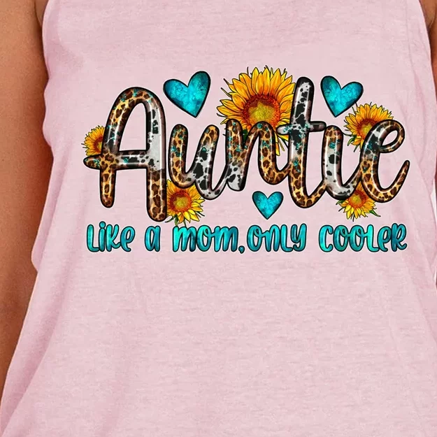 Auntie Like A Mom Only Cooler Leopard Sunflower Mothers Day Cute Gift Women's Knotted Racerback Tank