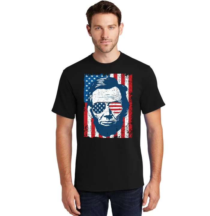 Abe Lincoln Beard Sunglasses American Flag 4th Of July Tall T-Shirt