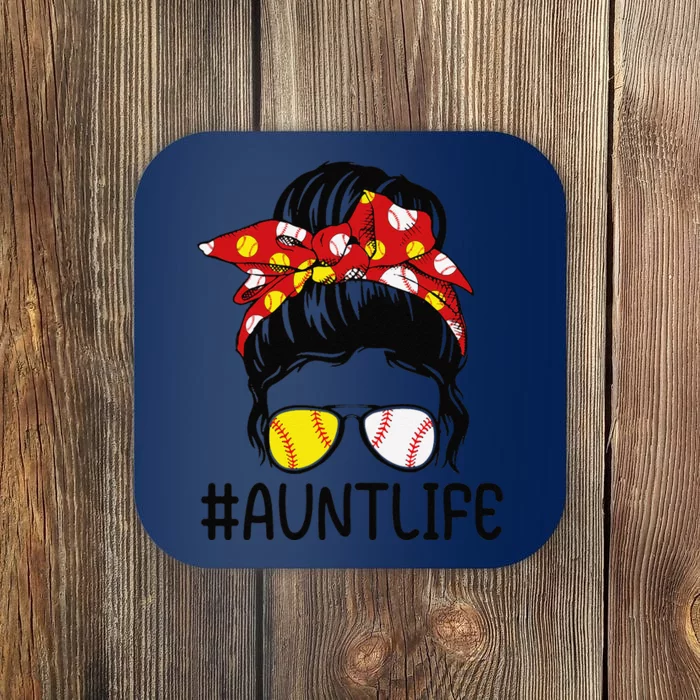 Aunt Life Baseball Softball Mothers Day Funny Aunt Messy Bun Coaster