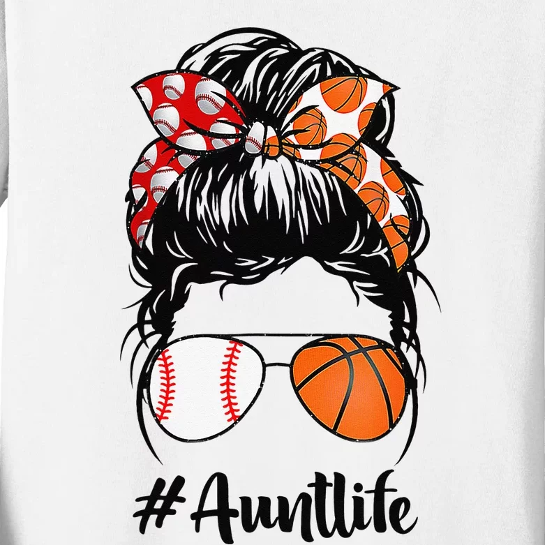 Aunt Life Baseball Basketball Aunt Messy Bun Mother's Day Kids Long Sleeve Shirt