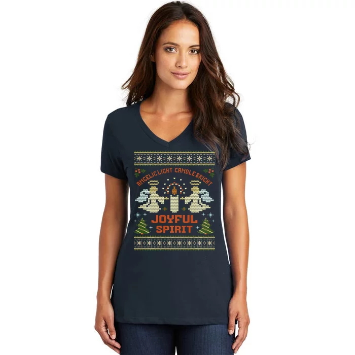 Angelic Light Candle Bright Joyful Spirit Christmas Season Women's V-Neck T-Shirt