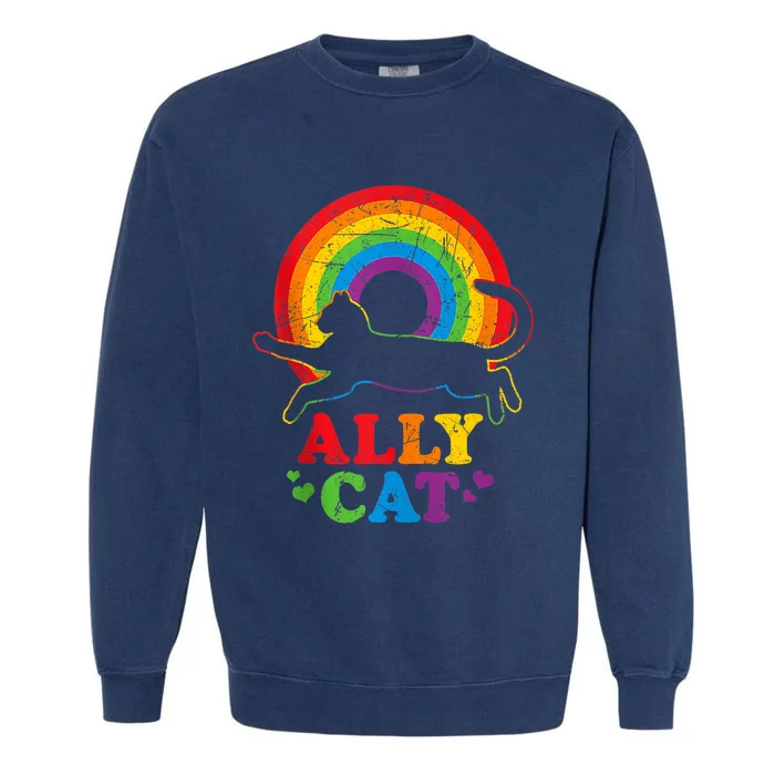 Allycat Lgbt Cat With Ally Pride Rainbow Garment-Dyed Sweatshirt