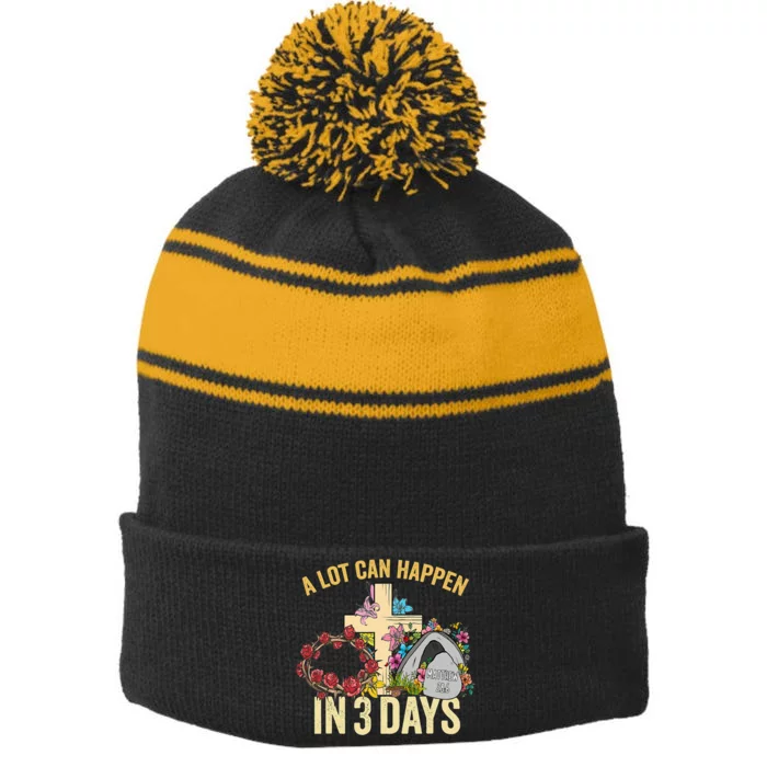 A Lot Can Happen in 3 Days Floral Retro Vintage Easter Day Stripe Pom Pom Beanie